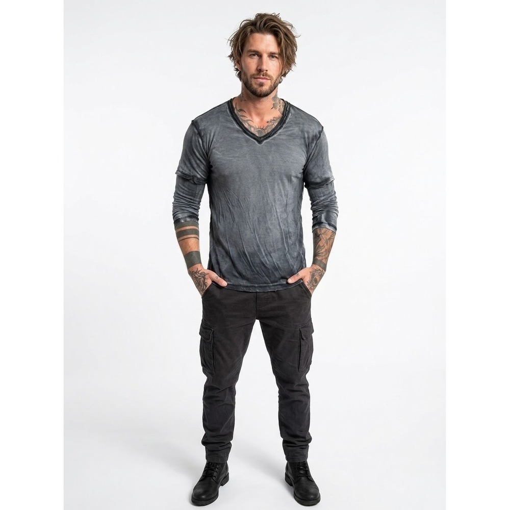 Division E Mens vintage Acid Wash V-Neck Long Sleeve Shirt Grey Distressed XL